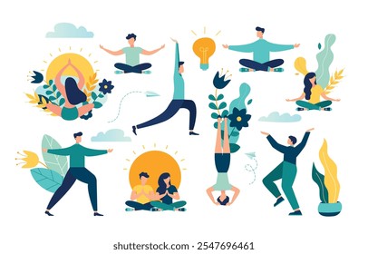 Vector illustration, vector, concept of working hours meditation, break, steam yoga, health benefits of the body, mind and emotions, thought process