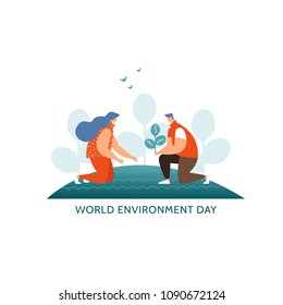 Vector illustration concept world environment day icon. Young couple plant trees together