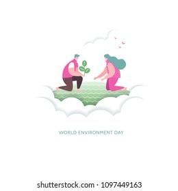 Vector illustration concept world environment day card. Young couple plant trees together