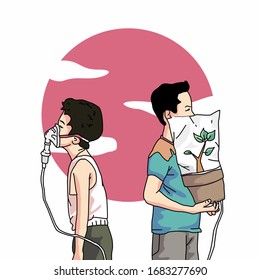 Vector illustration concept world environment day icon. 
two young men carrying plants