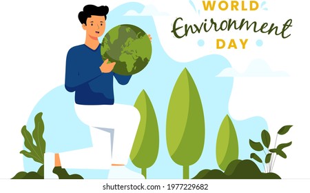 Vector illustration concept for world environment day with a male character holding a globe as the symbol of protecting the environment.