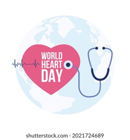 Vector illustration with concept of World heart day. Heartbeat line, red heart, stethoscope, text on globe background. Health care lifestyle. Awareness prevention of cardiovascular
