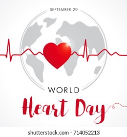 Vector illustration concept World Heart Day background for banner or poster. World Heart Day card, heart and cardio pulse trace on globe. September 29