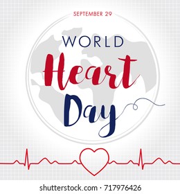 Vector illustration concept World Heart Day background for banner or poster. World Heart Day card, line heart in cardio pulse trace and globe. September 29