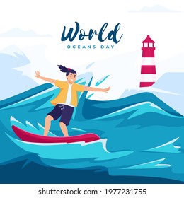 Vector illustration concept for world ocean day with the character of a surfer surfing the big waves.