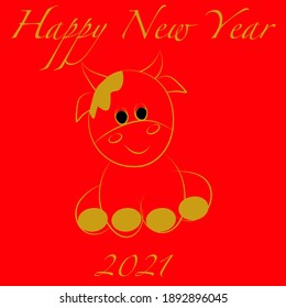 Vector illustration concept of year of the ox Chinese New Year with outline of a cow in gold color with, black eyes and text happy new year on red background 