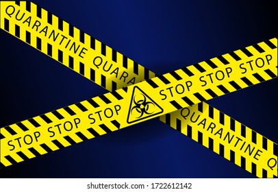 Vector illustration concept, yellow warning tapes: "stop quarantine biohazard" on a dark blue background, symbol of danger warning, restriction and protection.