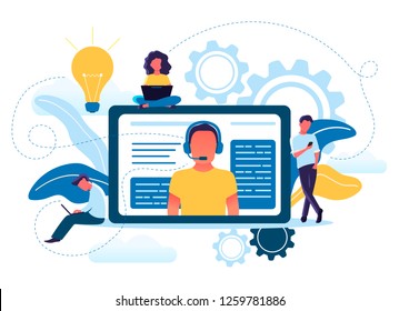 Vector illustration concept of young people use online technical support. Customer service, male hotline operator advises clients. Customer and operator.