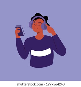 Vector illustration Concept Young People use Smartphones, Chatting, making Selfie, and listening to music.