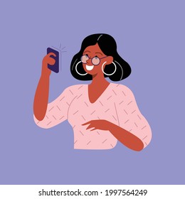 Vector illustration Concept Young People use Smartphones, Chatting, making Selfie, and listening to music.