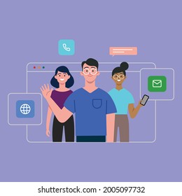 Vector illustration concept of the young technical support team of enterprise application and web development.