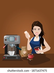 vector illustration concept  of a young woman wearing an apron pouring milk into a coffee mug.There was a coffee machine brewing espresso and a coffee cup on the side.flat character design.Coffee shop