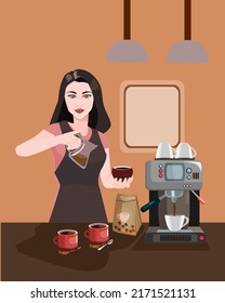 vector illustration concept  of a young woman wearing an apron pouring milk into a coffee mug.There was a coffee machine brewing espresso and a coffee cup on the side.flat character design.Coffee shop