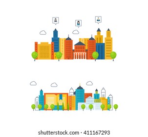 Vector illustration concepts for finding and meeting people, online education, training courses, e-learning, university. Urban landscape and city building. Mobile app.