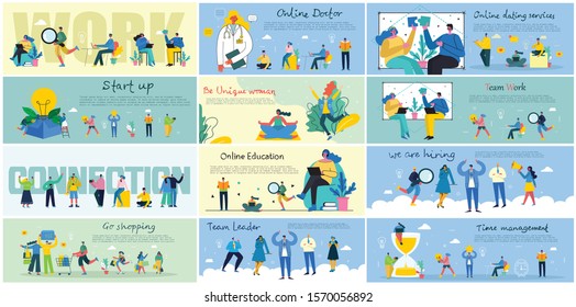 Vector illustration of concepts of Team work, Shopping, Online Doctor, Business and Start up design backgrounds