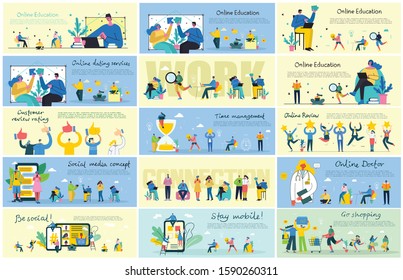 Vector illustration of concepts of Team work, Shopping, Online Doctor, Business, Online education, Online review and Start up design backgrounds