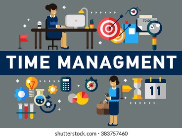 Vector illustration concepts of word time management. Planning, organization, working time. Flat design banners for website