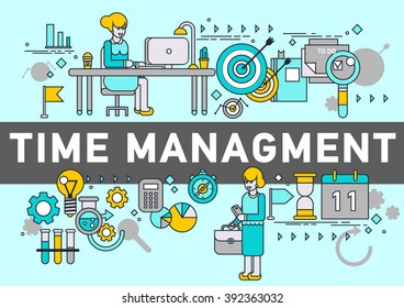 Vector illustration concepts of word time management. Planning, organization, working time. Flat design banners for website