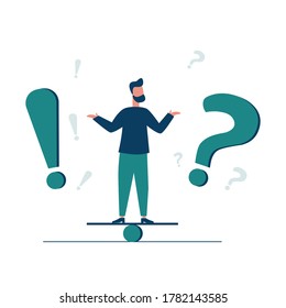 Vector illustration, conceptual illustration of frequently asked questions exclamation marks and question marks, answer to metaphor.