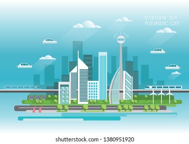 Vector illustration of conceptual futuristic city powered by renewable energy sources, effective & hi-tech transportation, buildings. 