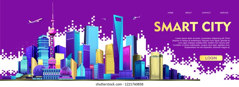 Vector illustration of a conceptual horizontal advertising banner with modern houses, business center and districts. Construction and traffic of a large city, landing page for Internet presentations