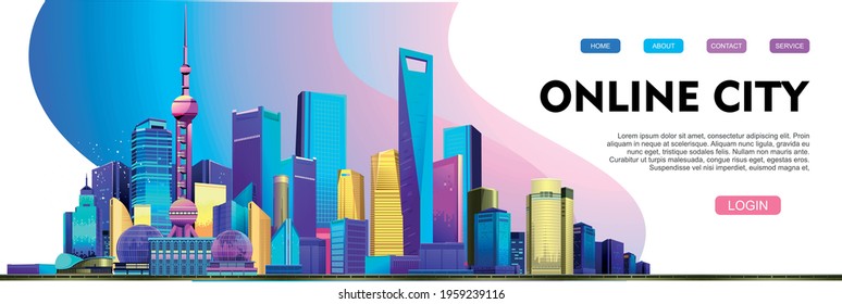 Vector illustration of a conceptual horizontal advertising banner with modern houses, business center and districts. Construction and traffic of a large city, landing page for Internet presentations