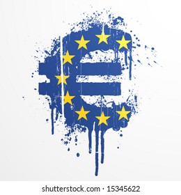 Vector illustration of a conceptual ink splatter in the shape of the European Union Euro currency symbol.