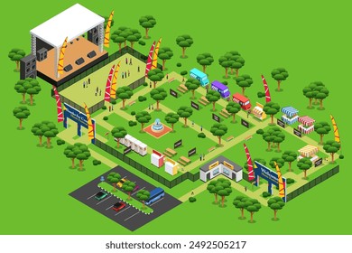 A vector illustration of Concert Music Festival Summer Isometric Map in a Park 