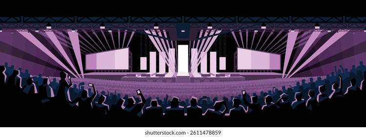 Vector illustration of a concert stage with bright lights and a cheering crowd in a stadium. Night event or music festival concept.