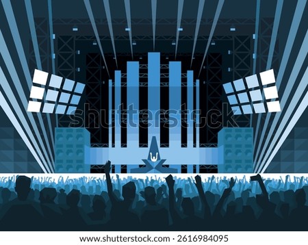 Vector illustration of a concert stage with bright lights and a dancing crowd in a stadium. Night event or music festival concept.