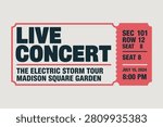 A vector illustration of a concert ticket for The Electric Storm Tour at Madison Square Garden on July 15, 2024, featuring section, row, and seat details.