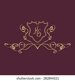 Vector illustration. Concise and elegant pattern. Monogram on the dark red background with the letters K & S.