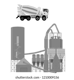 Vector illustration. Concrete cement truck and cement, mortar, concrete factory. Mixet truck isolated on white background. Realistic hi-detailed