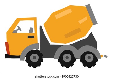 Vector illustration of a concrete mixer. Design of illustrations for fashionable fabrics, textile graphics, prints. Illustration of a yellow construction machine.