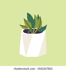 Vector illustration concrete pot with plants. Stylish home decor in trendy scandinavian style.