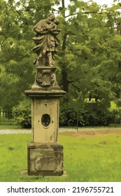Vektorgrafik einer Betonskulptur in einem Schlosspark. Eine Statue auf einem hohen Podest. Gartendekoration, Burgpark. Illustration in Grüntönen. Bäume, Gras, Bürgersteig.