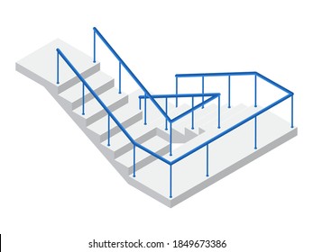 La escalera de hormigón de la ilustración vectorial aislada sobre un fondo blanco. Vuelo industrial del icono de las escaleras en vista isométrica. Moderna escalera con barandilla de metal azul y vuelta en estilo plano. Caricatura. 3 D.