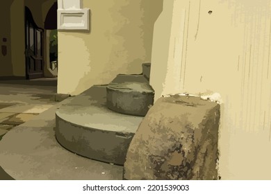 Vector illustration of concrete stairs with one rounded side. Stairs on a baroque building. Castle building. Stairs, up, up stairs. In the background, doors and entrance areas.