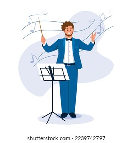 Vector illustration of conductor. Cartoon scene with a boy who sets the beat of melody and notes fly around him on white background.