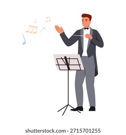 Ilustración vectorial de un conductor conduciendo con una porra. Escena de dibujos animados de un director de orquesta masculino vestido con un traje, un puesto de música con notas, un personal de música aislado sobre un fondo blanco. Rendimiento.