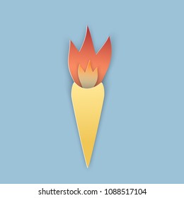 Vector illustration, cone burning torch with orange flame in papercut style with transparent shadows isolated on blue background