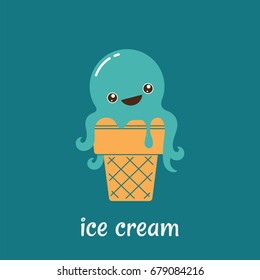 Vector illustration of cone with cartoon ice cream octopus.