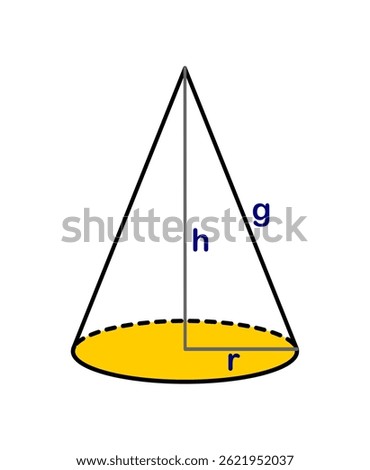 Vector illustration of cone highlighting generatrix, height, radius and vertex on white background.