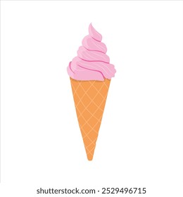 Vector illustration of cone ice cream in cartoon flat style. Colorful ice cream set.Tasty summer dessert.Ice-cream scoop and waffle cone with different toppings. 