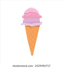 Vector illustration of cone ice cream in cartoon flat style. Colorful ice cream set.Tasty summer dessert.Ice-cream scoop and waffle cone with different toppings. 