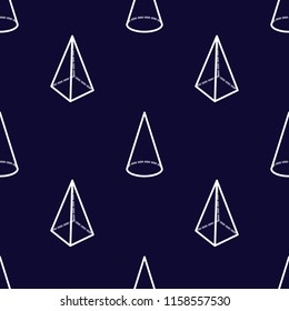 vector illustration. cones and pyramids Memphis style pattern on navy blue background seamless pattern
