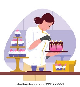 Vector illustration of confectioner. Cartoon scene with pastry chef who makes birthday cake and cupcakes on white background.