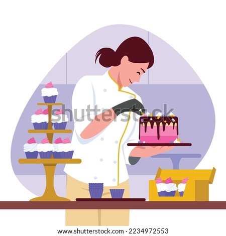 Vector illustration of confectioner. Cartoon scene with pastry chef who makes birthday cake and cupcakes on white background.