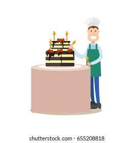Vector illustration of confectioner decorating two tiered birthday cake with candles. Cook people concept flat style design element, icon isolated on white background.