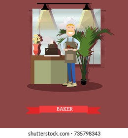 Vector illustration of confectioner holding plate with slice of cake. Coffee house, bakery or candy store interior. Baker flat style design element.